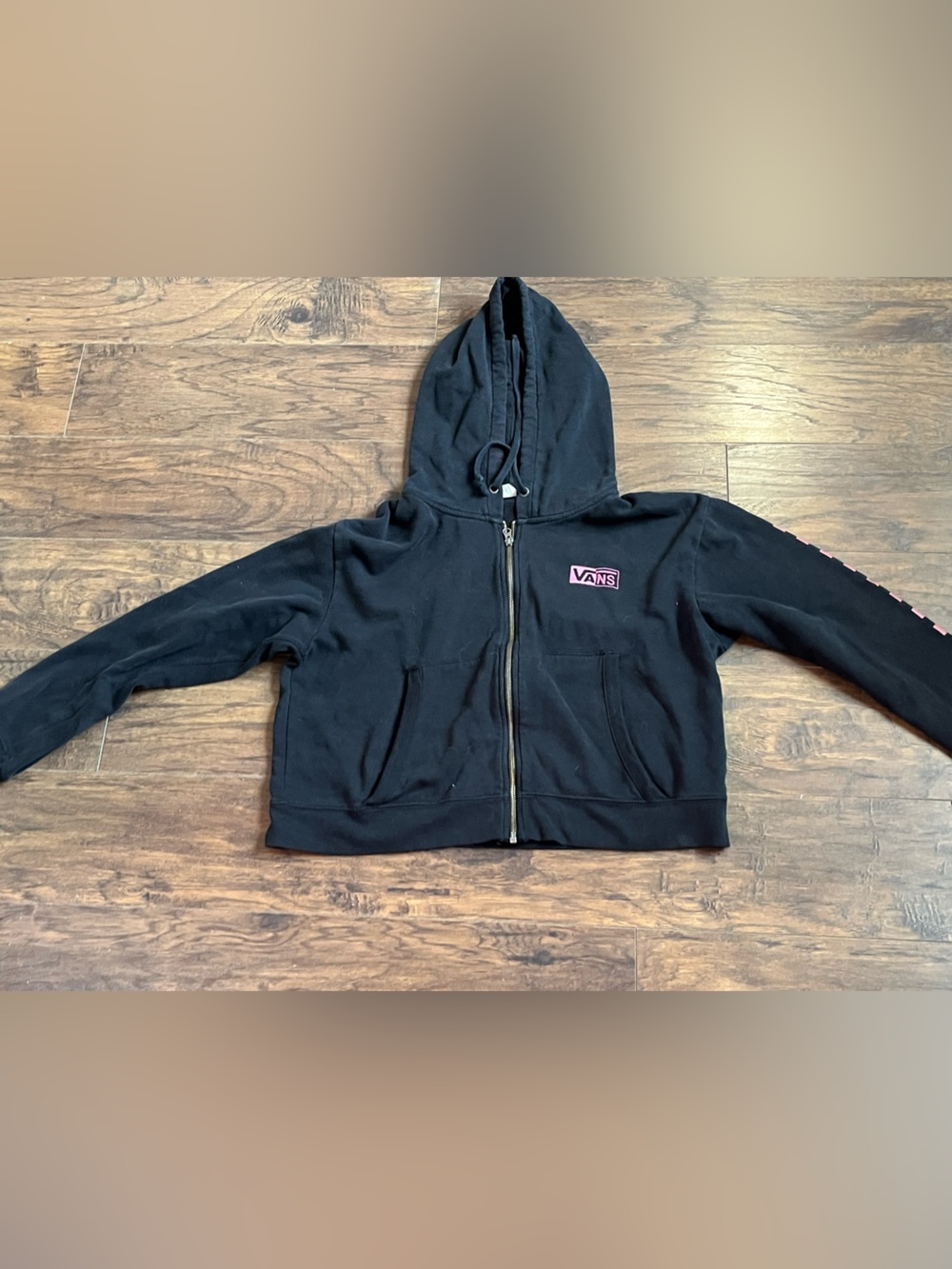 Vans Black Zip Hoodie with Pink Logo Patch Cropped XL